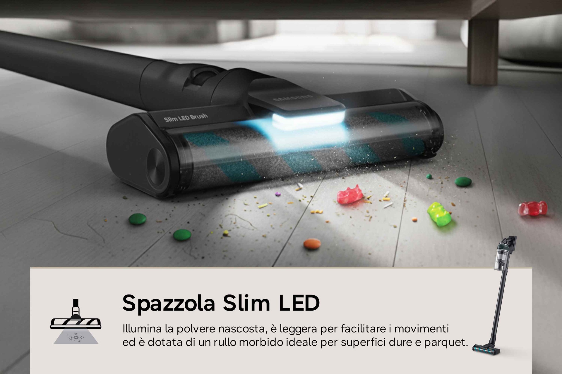 Jet 85S Stick VC 250W / 60 Min. 2.43kg with the Slim LED Brush Handy-stick-Side2 Phantom Green 