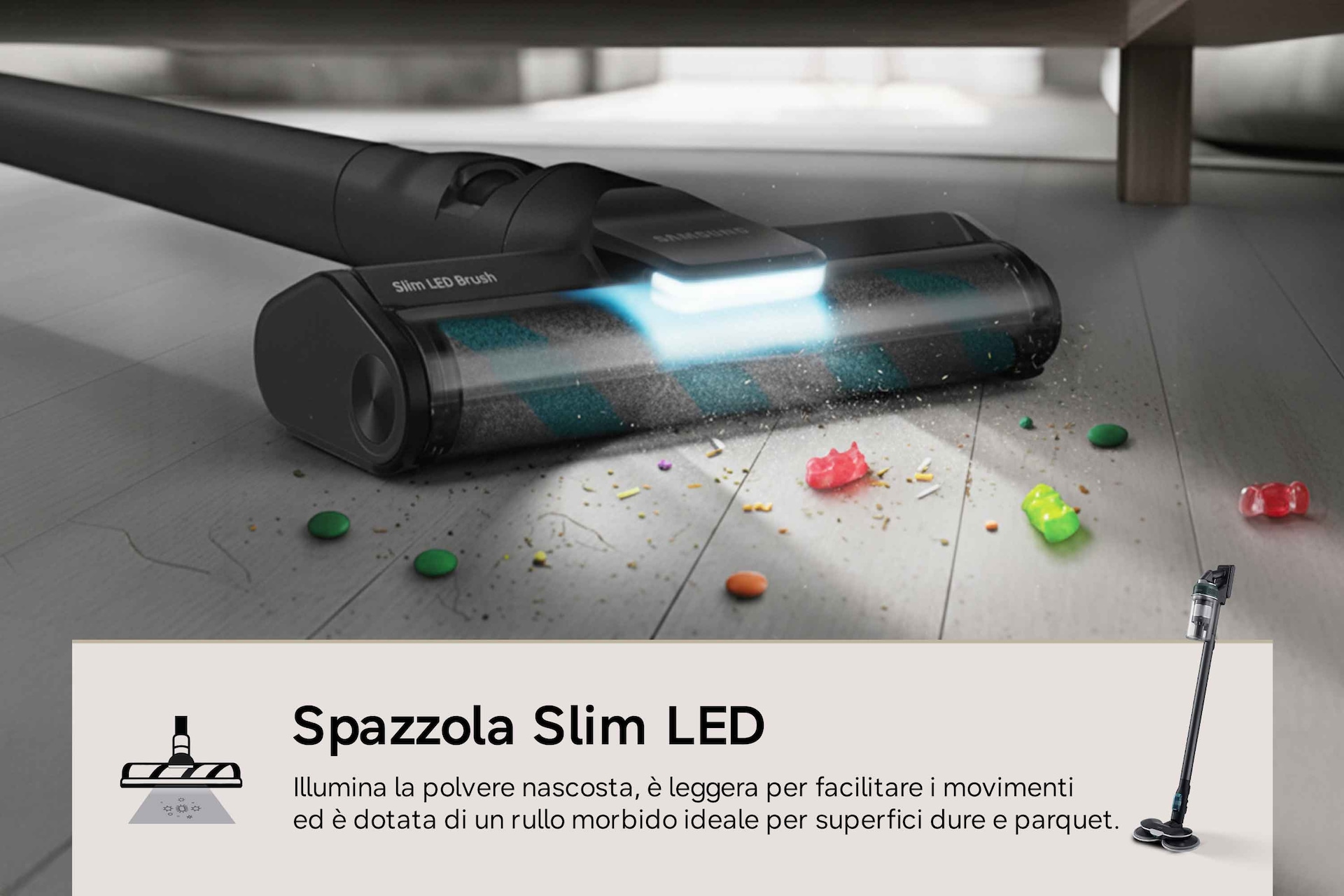 Jet 85S Stick VC 250W / 60 Min. 2.43kg with the Slim LED Brush Handy-stick-Detail Phantom Green 