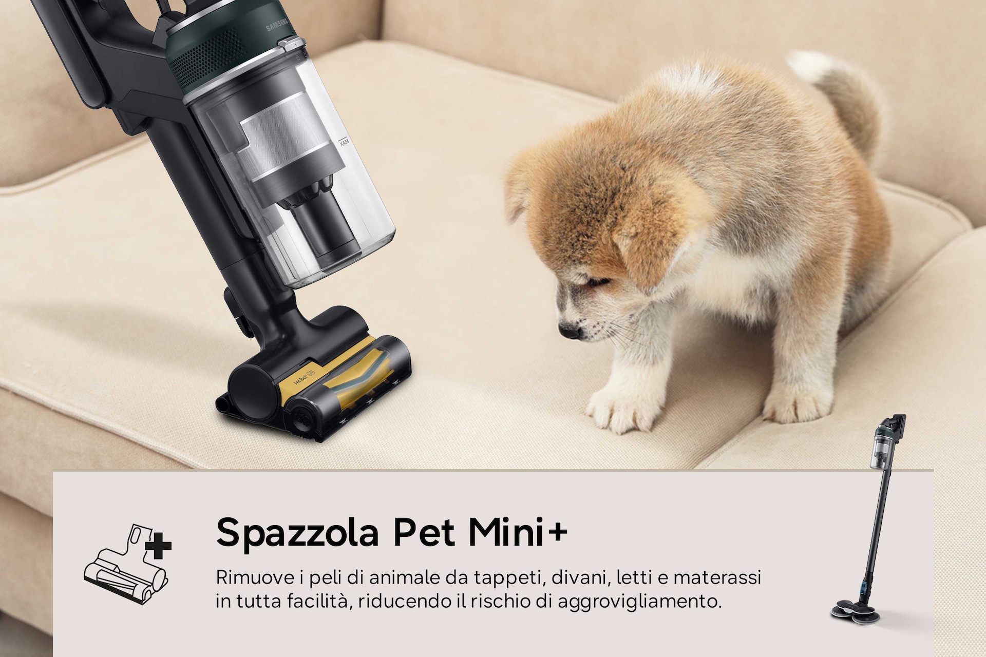 Jet 85S Stick VC 250W / 60 Min. 2.43kg with the Slim LED Brush Dust-Bin-Detail1 Phantom Green 