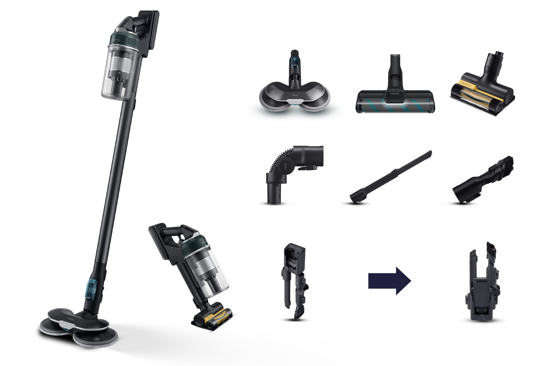 Jet 85S Stick VC 250W / 60 Min. 2.43kg with the Slim LED Brush Front Phantom Green 