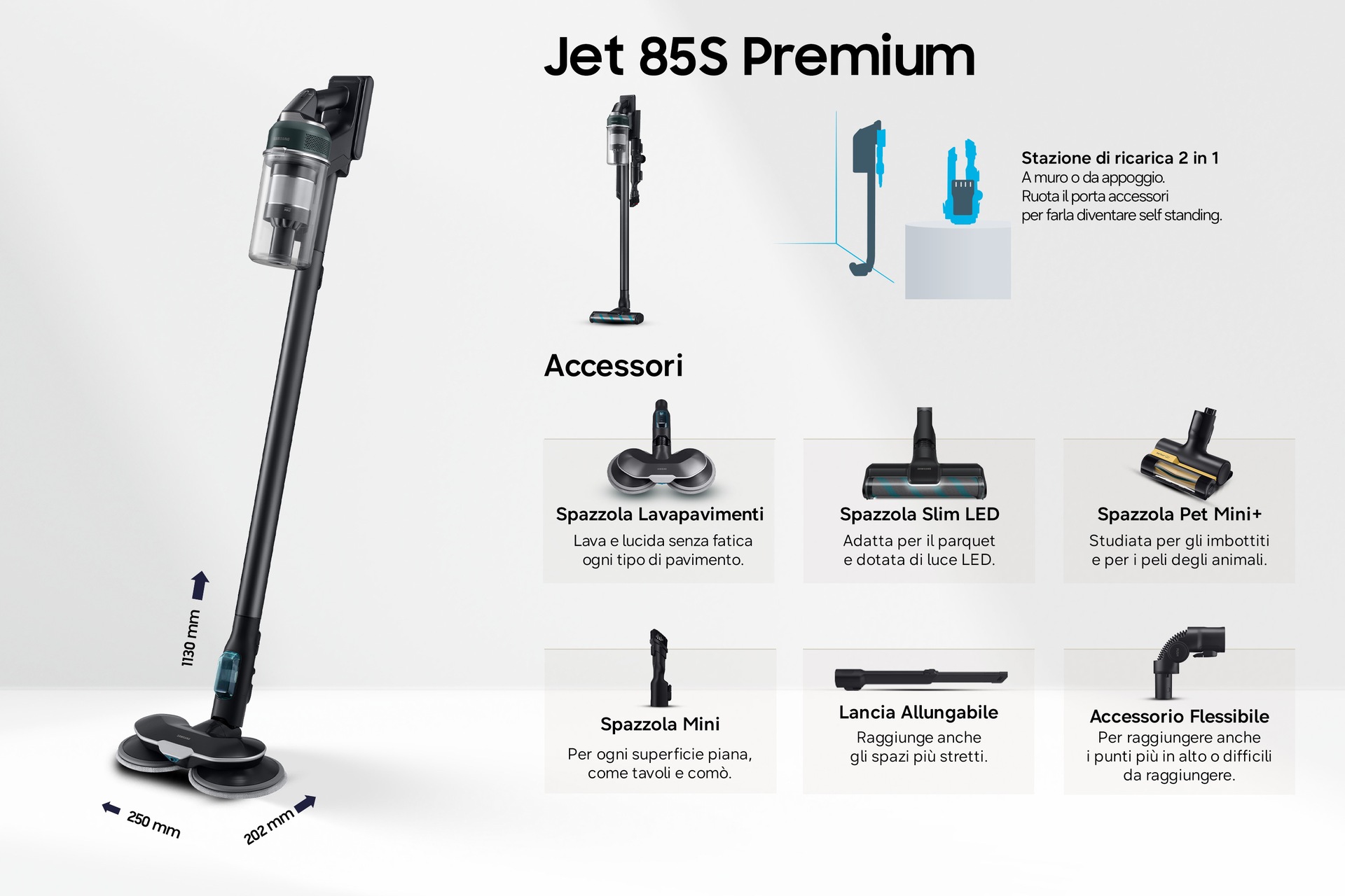 Jet 85S Stick VC 250W / 60 Min. 2.43kg with the Slim LED Brush Front1 Phantom Green 