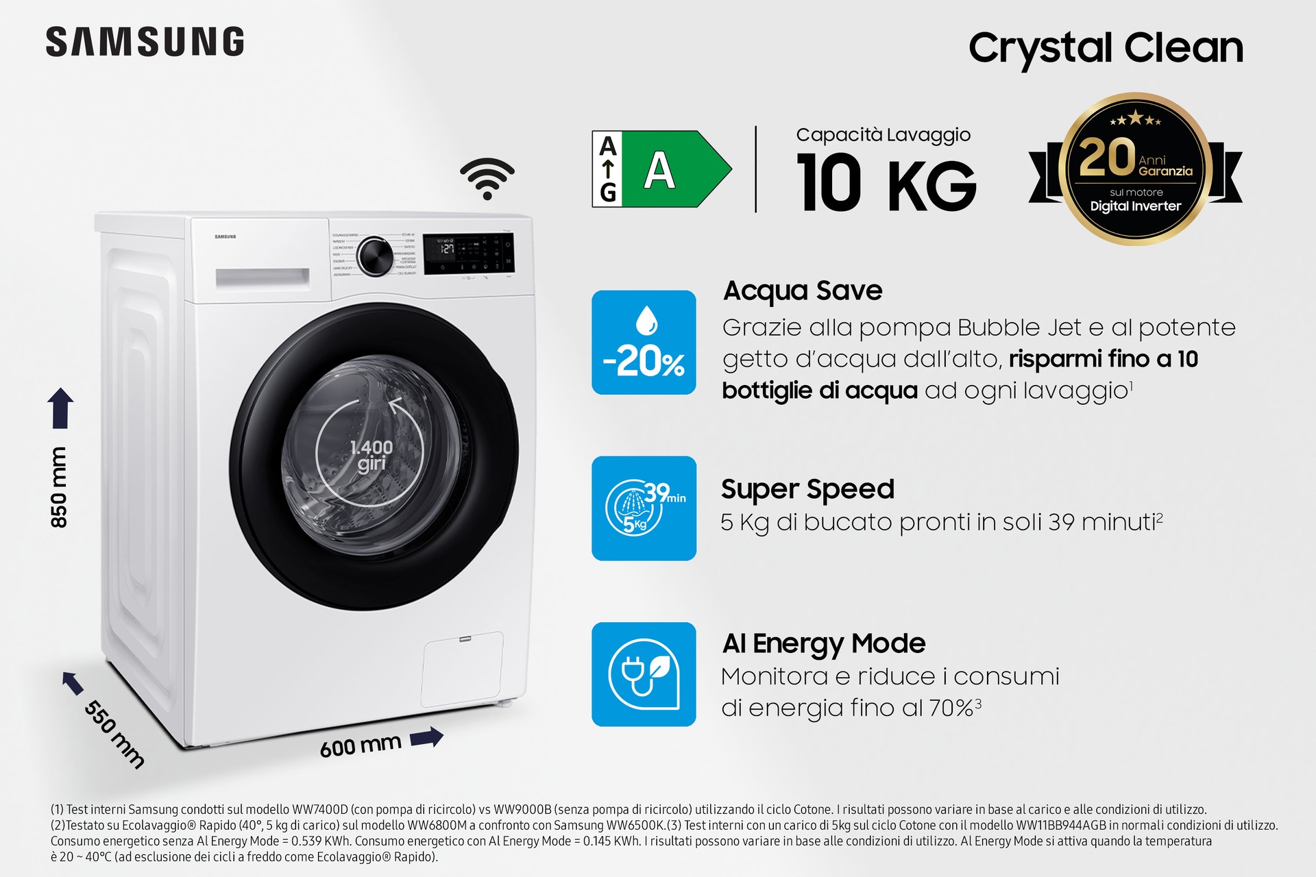 Lavatrice Samsung Crystal Clean 10Kg WW10FG5U34AEET White