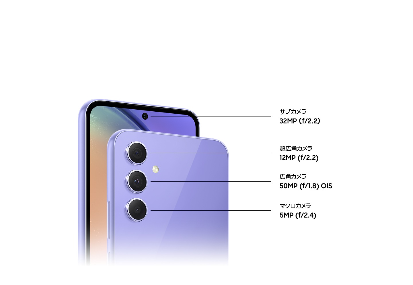 オーサム バイオレットの2台のデバイスの正面と背面が表示されている。右側には、デバイス背面にある12MP（f2.2）超広角カメラ、50MP（f1.8）OISメインカメラ、5MP（f2.4）マクロカメラが表示されている。左側には、デバイス前面にある32MP（f2.2）のイン（サブ）カメラが表示されている。
