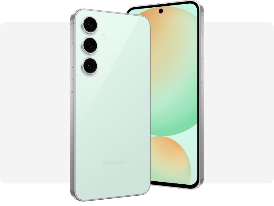 それぞれ正面と背面が見える2台のミントのGalaxy S24 FE。