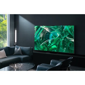 OLED is displayed in a dark living room.