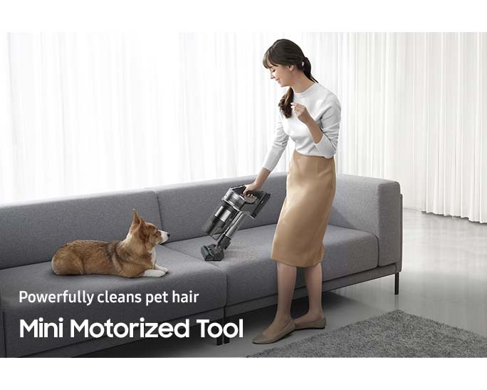 A woman cleans the sofa with a Mini motorized tool as a dog sits next to it. Powerfully cleans pet hair Mini Motorized Tool