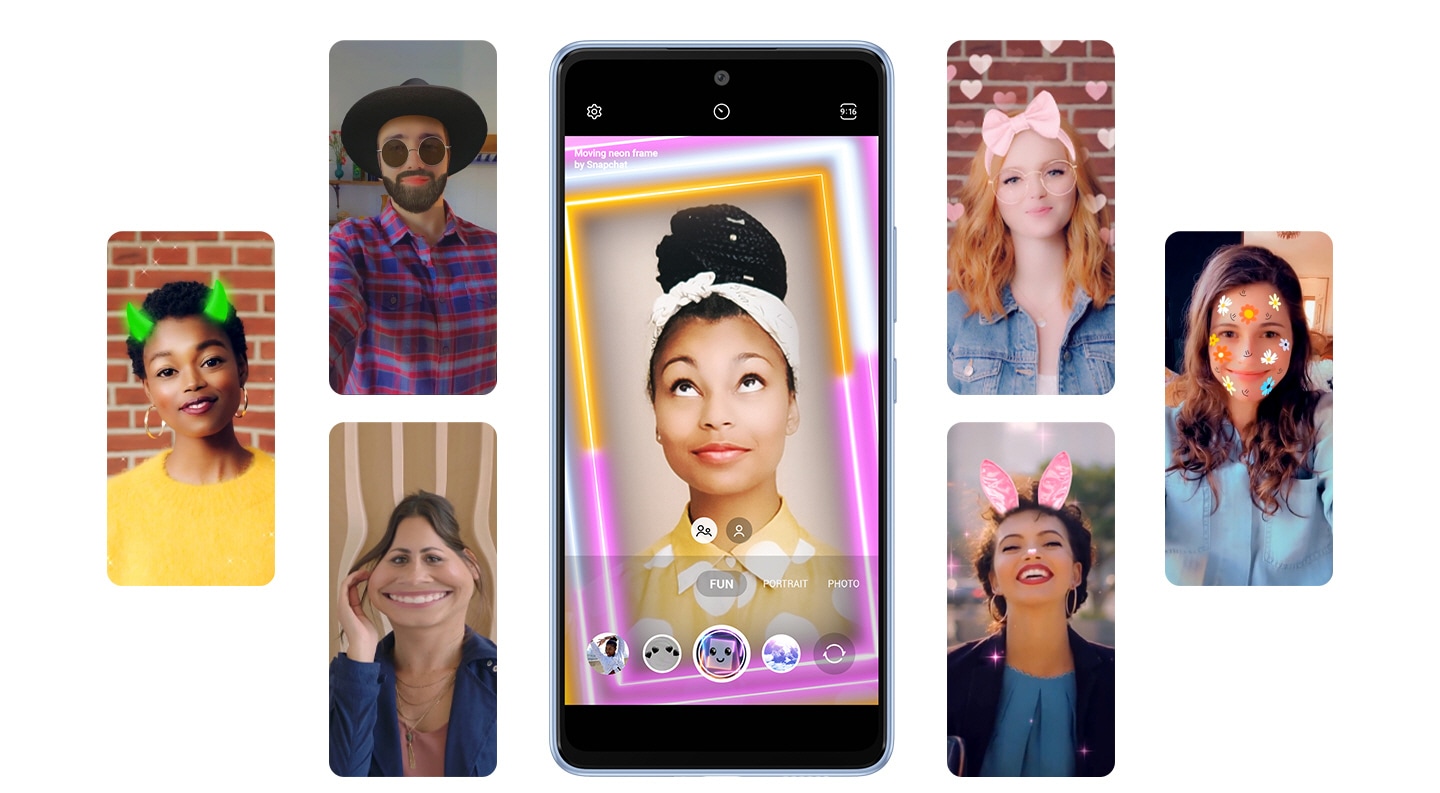 Numerous screens of the Galaxy A53 5G, with the one at the center being the largest and showing a woman using the Moving Neon Frame, shows several other people using Fun mode to try on different Snapchat Lenses that are applying various filters onto their faces and background. The other users are using filters that add the following effects to the user's facial features and background: Cowboy hats, black sunglasses and a black beard, comically enlarging one's mouth sideways, white and pink hearts in the background as well as a pink ribbon headband, pink bunny ears and sparkling lights in the background, and more.