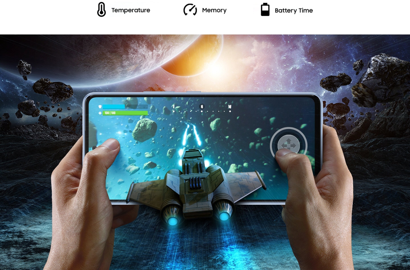 Two hands are shown holding the Galaxy A53 5G in landscape mode. On screen, a shooting game is being played where the player maneuvers a rocket ship in space. In between the hands and from outside the screen, a rocket ship is flying into the screen, shooting lasers that extend inside into the game. On the background, the landscape is set in space with various meteors and planets shown in the distance. Text above reads Temperature, Memory and Battery Time.