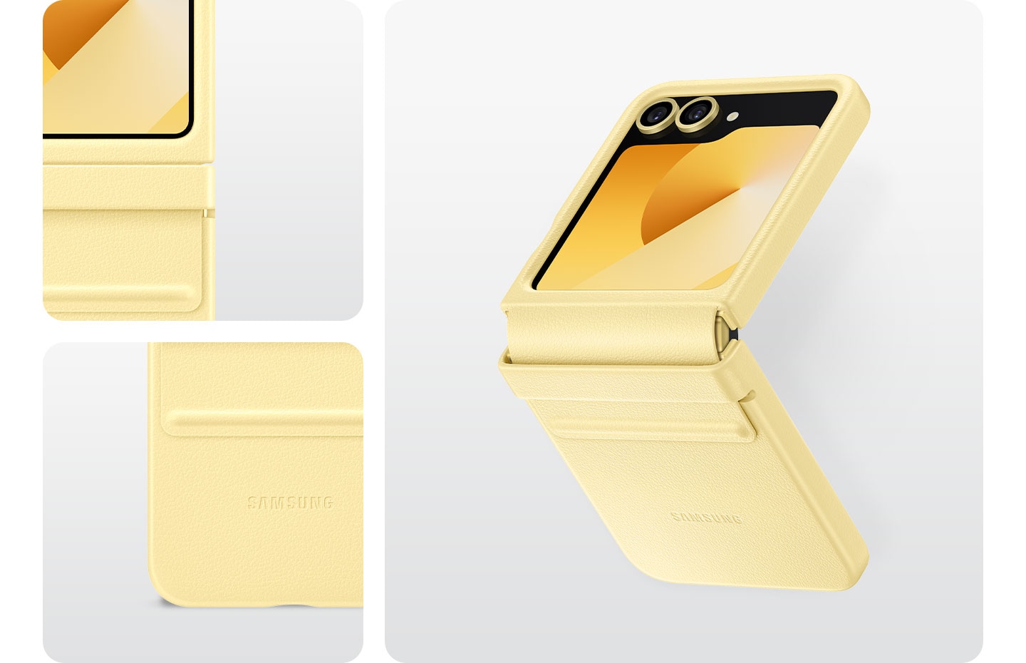 Желтый чехол Kindsuit Case на Galaxy Z Flip6. Крупным планом показаны мягкая поверхность чехла Kindsuit Case и клапан, защищающий шарнир смартфона.