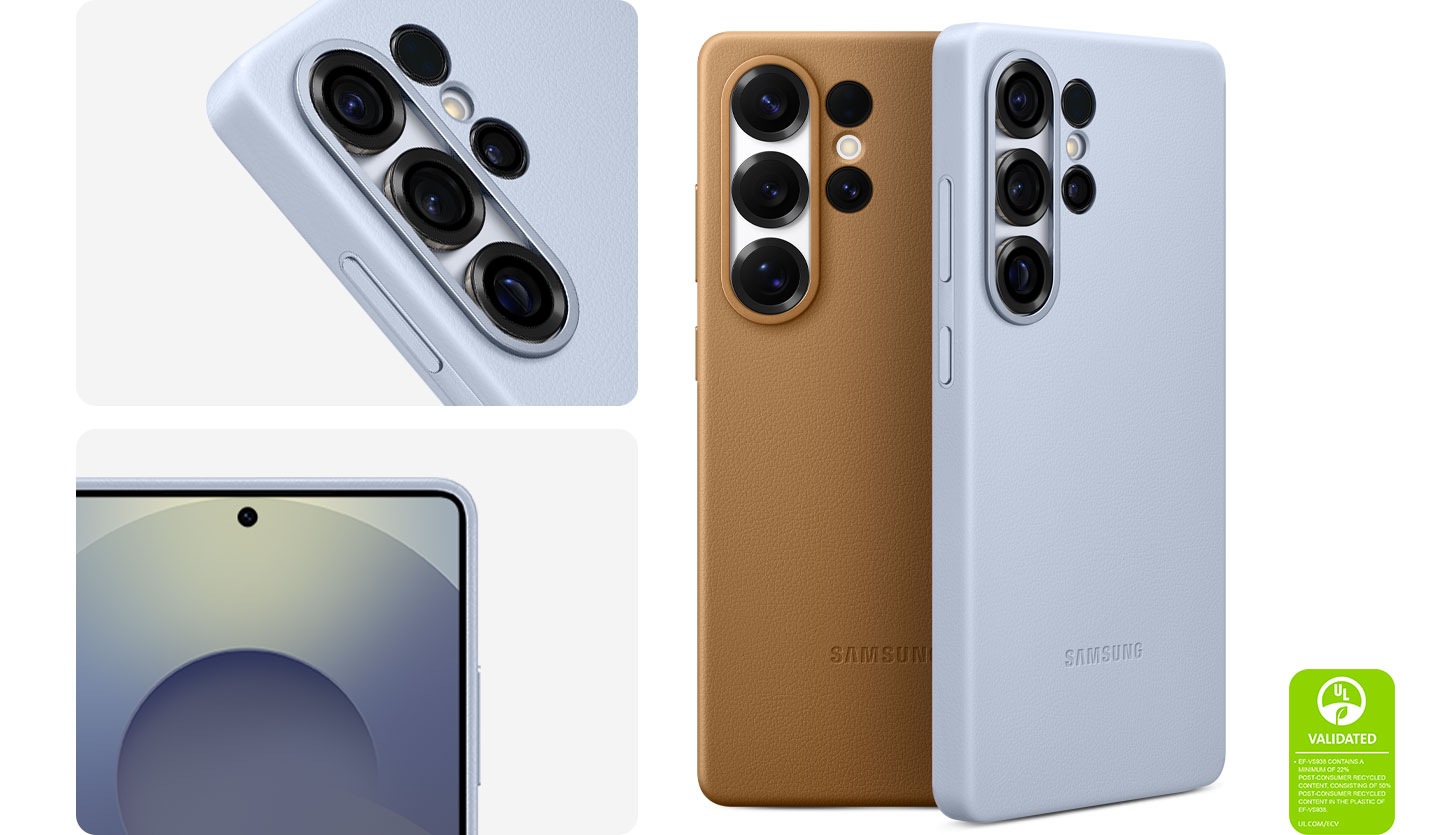 Показан смартфон Galaxy S25 Ultra в бежевом чехле Kindsuit Case с верхнего правого угла, экраном кверху. На экране отображается заставка. Еще один смартфон Galaxy S25 Ultra в таком же чехле Kindsuit Case видно сверху под диагональным наклоном. Два чехла Kindsuit Case на Galaxy S25 Ultra показаны вертикально сзади. Это бежевый и голубой чехлы. Видно маркировку экологической сертификации UL с текстом: «ЧЕХОЛ EF-VS938 СОДЕРЖИТ НЕ МЕНЕЕ 22 % ПЕРЕРАБОТАННЫХ МАТЕРИАЛОВ, ВКЛЮЧАЯ 50 % ПЕРЕРАБОТАННЫХ МАТЕРИАЛОВ В ПЛАСТМАССОВОЙ ЧАСТИ ЧЕХЛА EF-VS938. UL.COM/ECV».