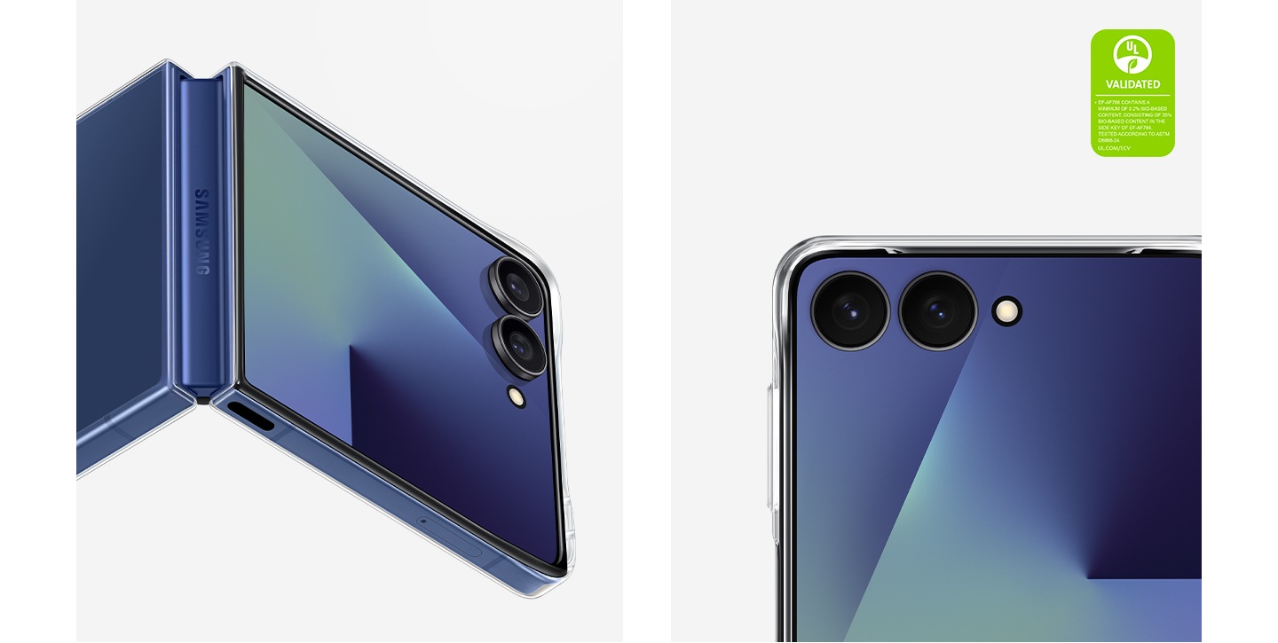 У слегка развернутого Galaxy Z Flip7 в прозрачном чехле Clear Case видны FlexWindow и петли. На другом Galaxy Z Flip7 в прозрачном чехле Clear Case крупным планом показана двойная камера, обрамленная выступающими краями, которые обеспечивают ее дополнительную защиту. Написан текст: «СООТВЕТСТВУЮЩИЙ СТАНДАРТУ UL ЧЕХОЛ EF-AF766 СОДЕРЖИТ НЕ МЕНЕЕ 0,2 % БИОСЫРЬЯ, ВКЛЮЧАЯ 35 % БИОСЫРЬЯ В БОКОВОЙ КНОПКЕ ЧЕХЛА EF-AF766. ПОДТВЕРЖДЕНО ИСПЫТАНИЯМИ ПО ASTM D6866-24. UL.COM/ECV»