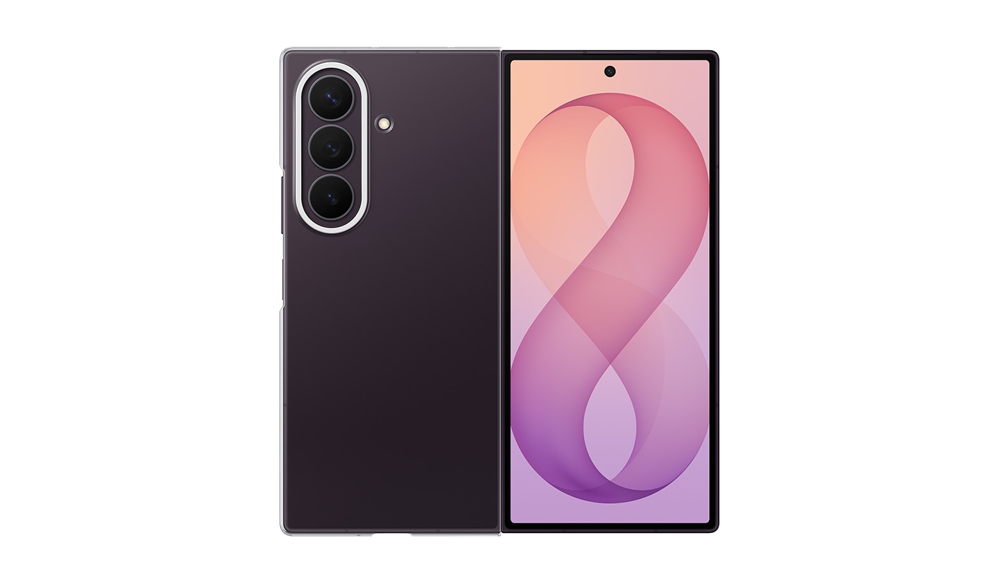 Galaxy Z Fold8 Ultra чёрного цвета в прозрачном чехле показан с тыльной стороны в раскрытом виде.