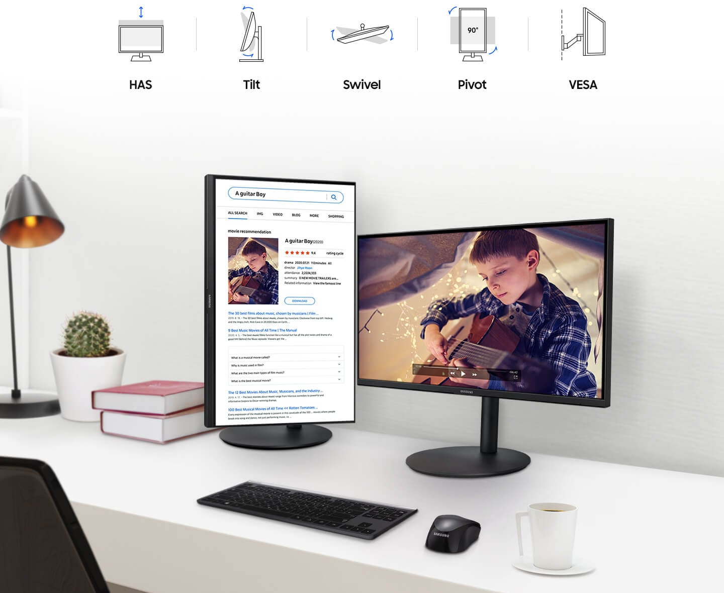 Dual monitors, one is tilted and the other portrait, are set on the home table with icons showing ergonomic features.
