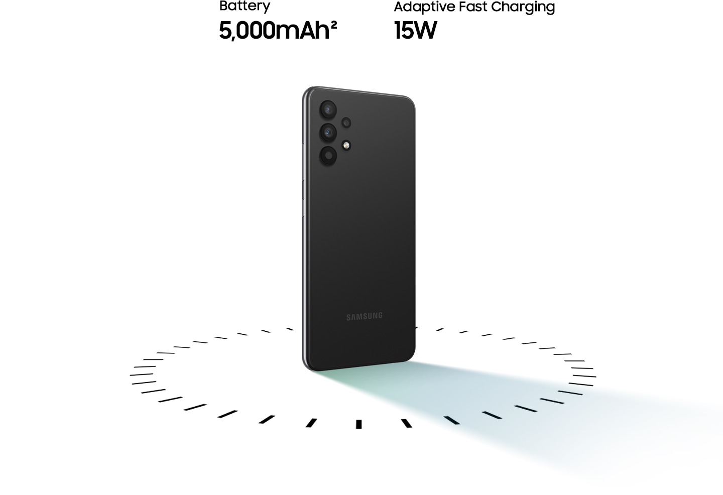 Galaxy A32 stands up, surrounded by circular dots, with the text of 5,000mAh Battery and 15W Adaptive Fast charging.