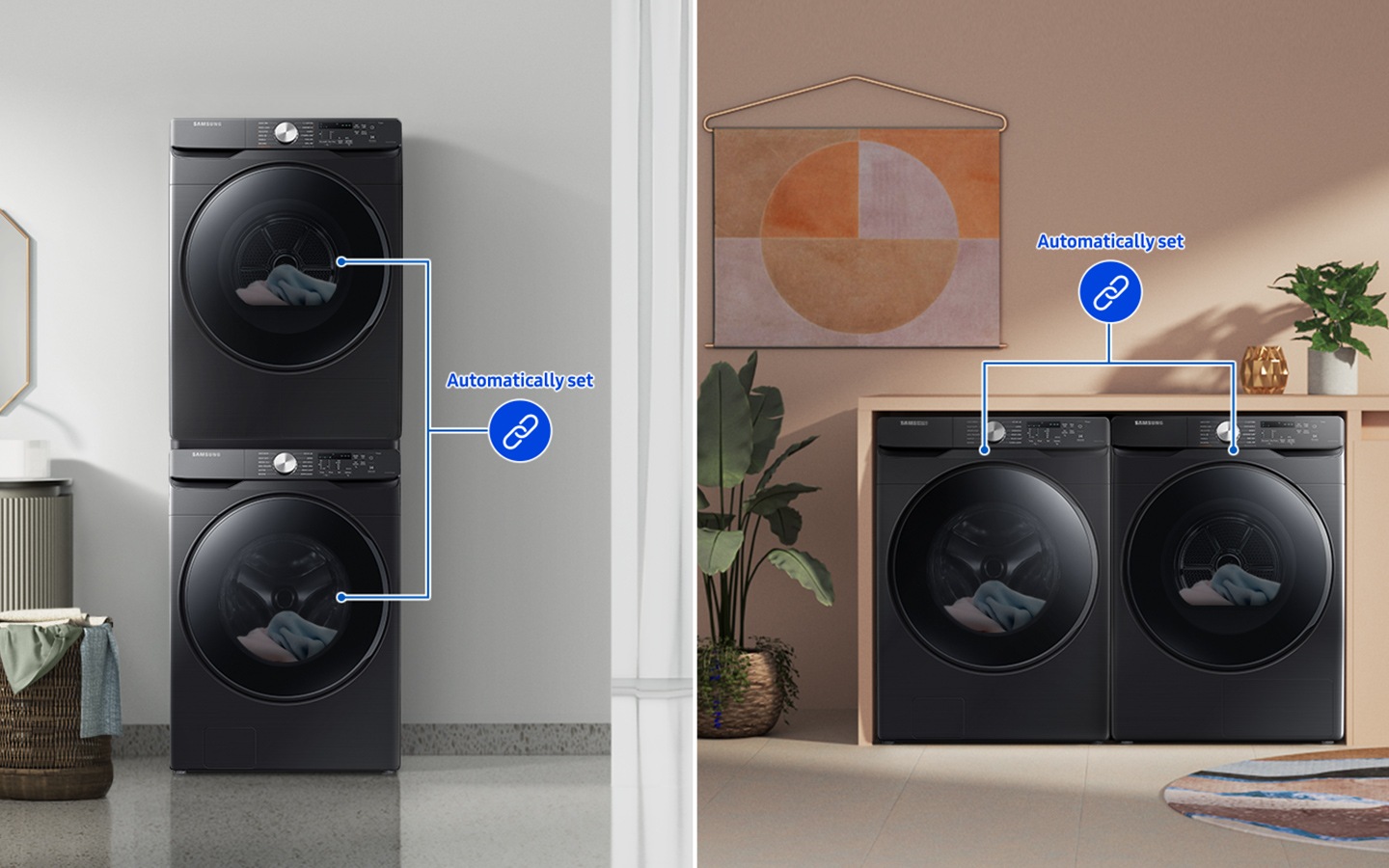 Two sets of washers and dryers are placed differently in two separate living spaces. Each set is linked with a blue line.