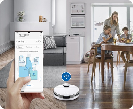A JetBot is controlled remotely via SmartThings and upgraded Wi-Fi control, enabling scheduled cleaning in pre-set areas.