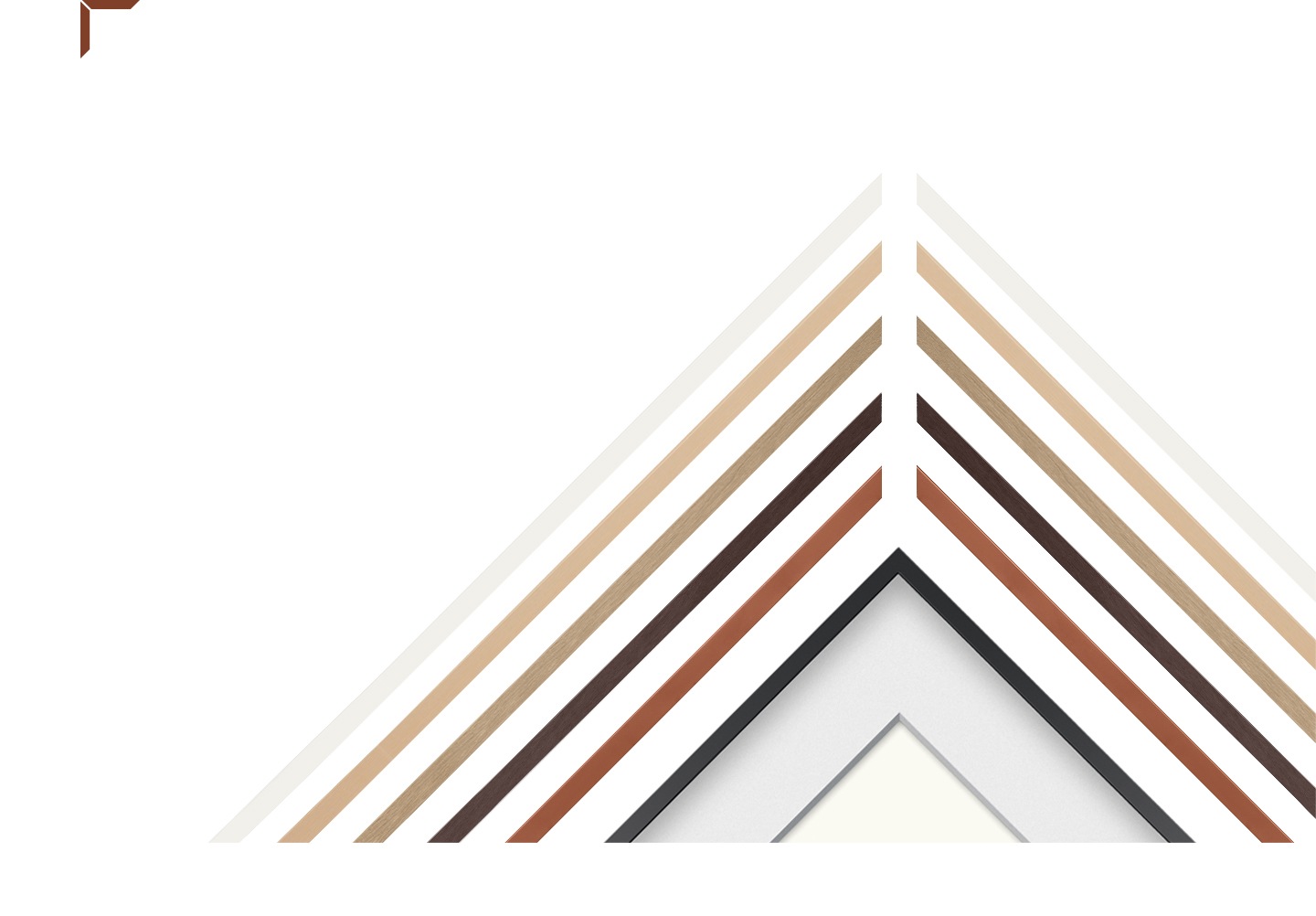 Five Frame Bezels are lined up to demonstrate the various color and style options available to enhance your TV’s style.