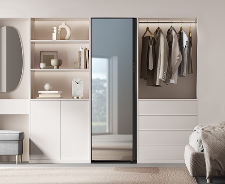 A Bespoke AirDresser is installed in the bedroom and crystal mirror panel reflects room.