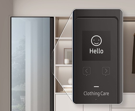 DF9000RM's Ai Function panel has Interactive Interface. Smile emoji and †Hello' message displays on the Clothing care panel.