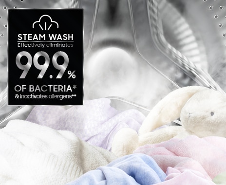 Towels and doll is in the drum and hot water and steam effectively eliminates bacteria up to 99.9%.