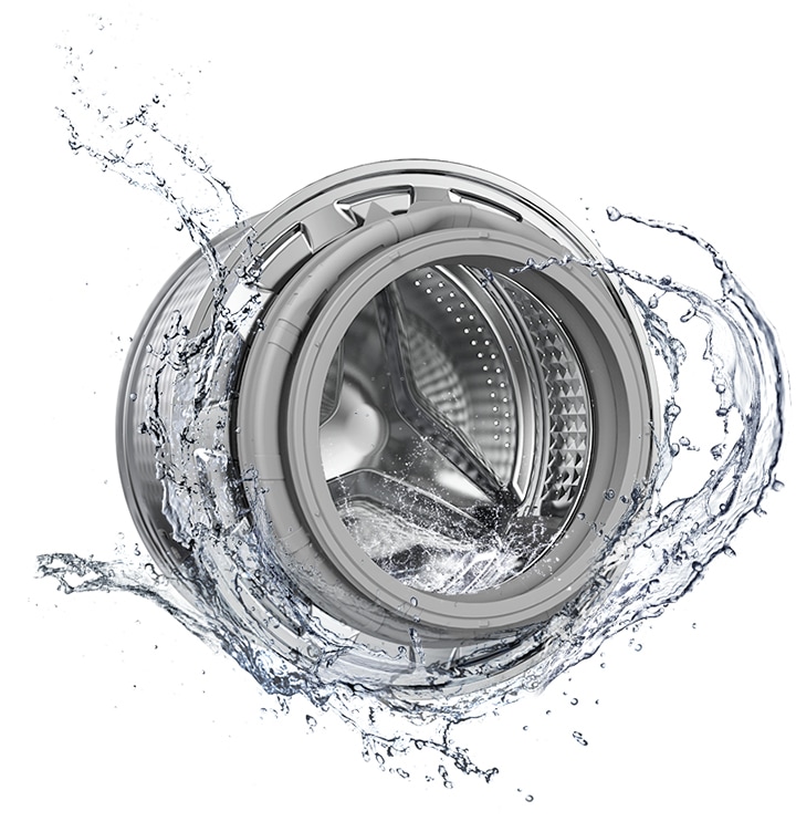 The washer drum is surrounded by clean water and water jets are cleaning the inside.