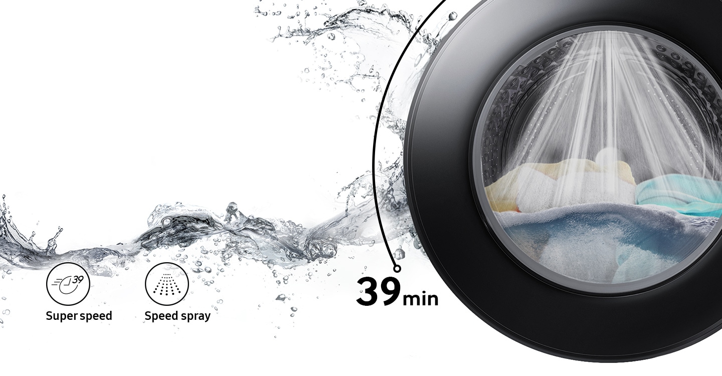 Towels and doll is in the drum and  washing takes 39 minutes with the powerful speed spray.