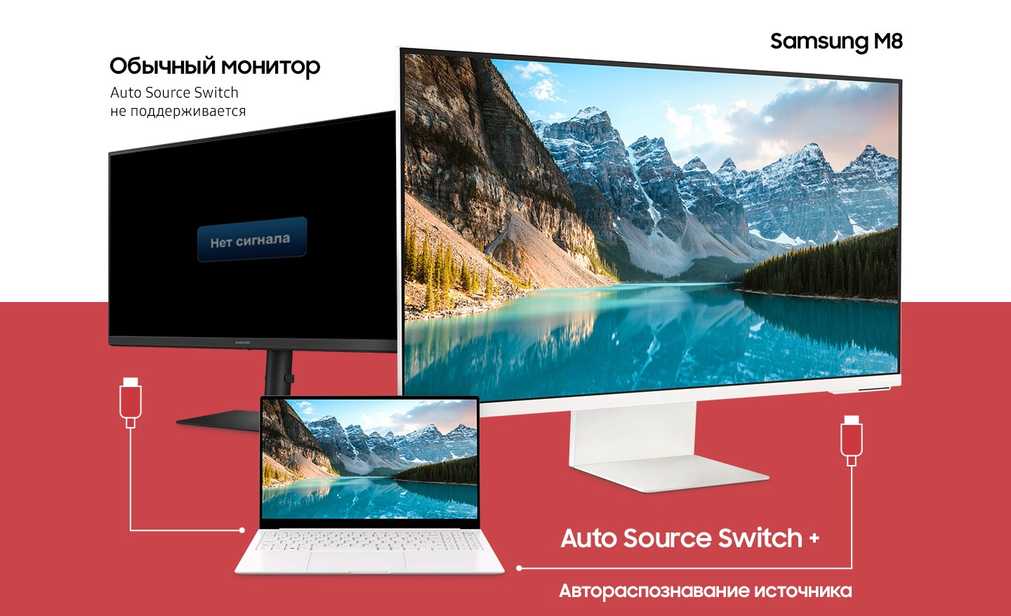 A laptop sits in between two monitors. The laptop has two different cables attempting to connect to the monitors. Above the left monitor, the text "Conventional, Auto Source Switch not supported" appears and a "No Signal" icon appears on the screen. Above the right monitor shows the text "Samsung M8" and a mountainous scene appears on the screen due to the Auto Source Switch+ functionality.