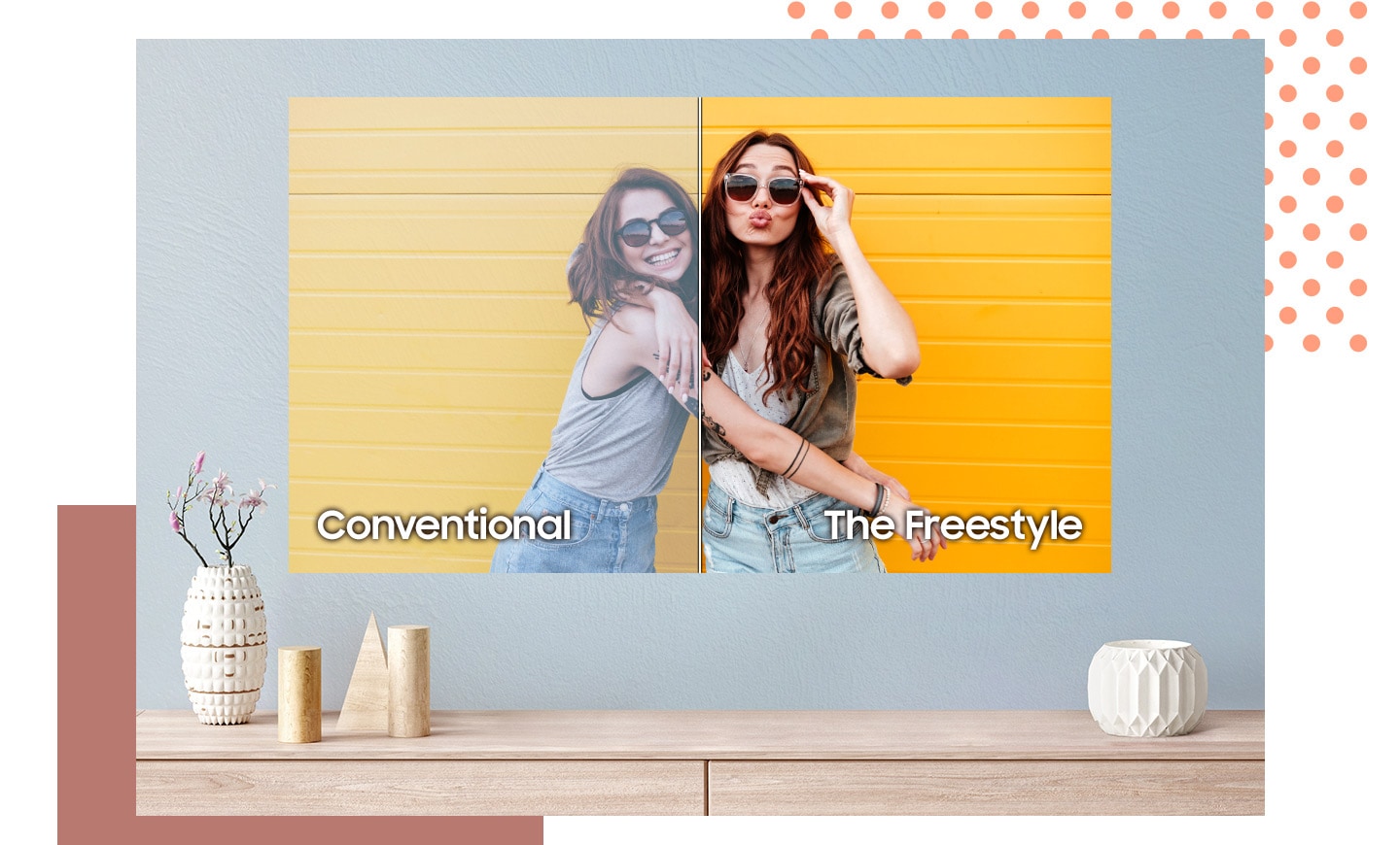 A projected photo on a blue wall of two friends is split in half. The left is labeled conventional and is muted in color. The right is labeled The Freestyle and displays the accurate colors. The walls change colors from blue to pink and green but The Freestyle keeps to display the accurate colors.