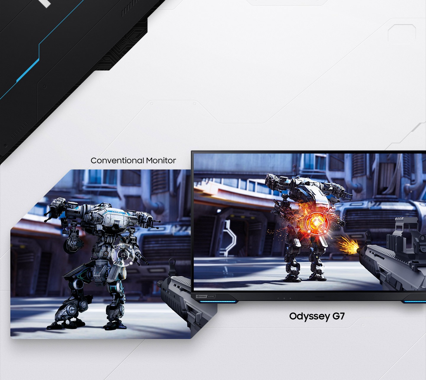 On Odyssey G7 monitor screen on the right side shows the perspective of a player within a first-person action game next to a futuristic building. The end of a space rifle is shown on the right firing at a large robot that is built with four machine gun turrets. The game player has shot the robot before the robot has a chance to see the player. Off-screen on the left which stands for conventional monitor, there is the same scenario, but the machine gun robot appears to be attacking before the player has a chance to shoot to suggest this scenario features a slower input.