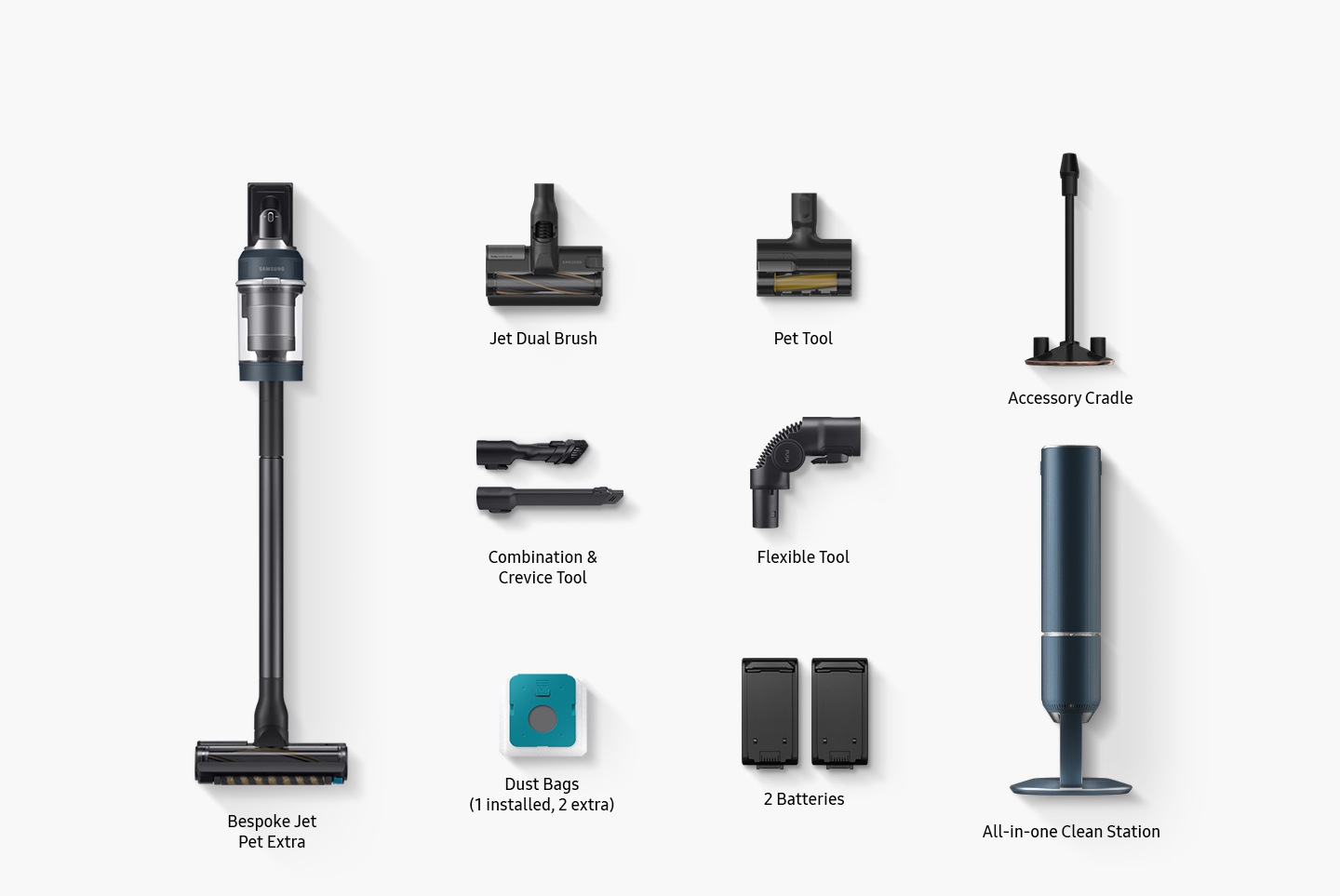 The components that come in the box include Bespoke Jet Pet Extra, Jet Dual Brush, Pet Tool, Combination & Crevice Tool, Flexible Tool, 1 installed Dust bag and 2 extra Dust bags, 2 Batteries, Accessory Cradle, and All-in-one Clean Station.