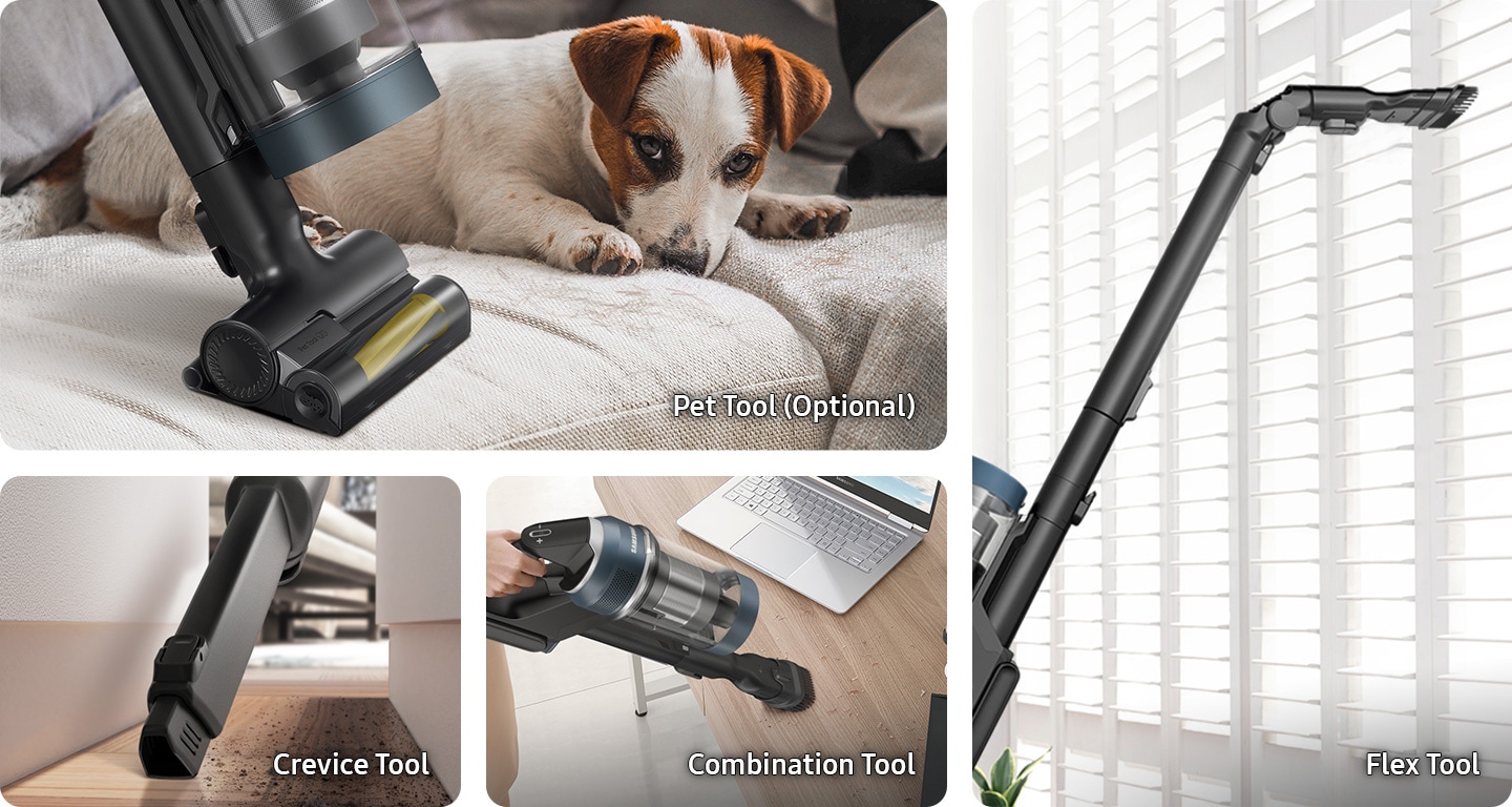 4 Bespoke JET with different tools are in different locations. One with the pet tool, which is optional, cleans a sofa as a dog sits next to it. One with the combination tool cleans dirt on a desk near a laptop. One with the crevice tool cleans a narrow space. And One with the flex tool cleans a high window sill.
