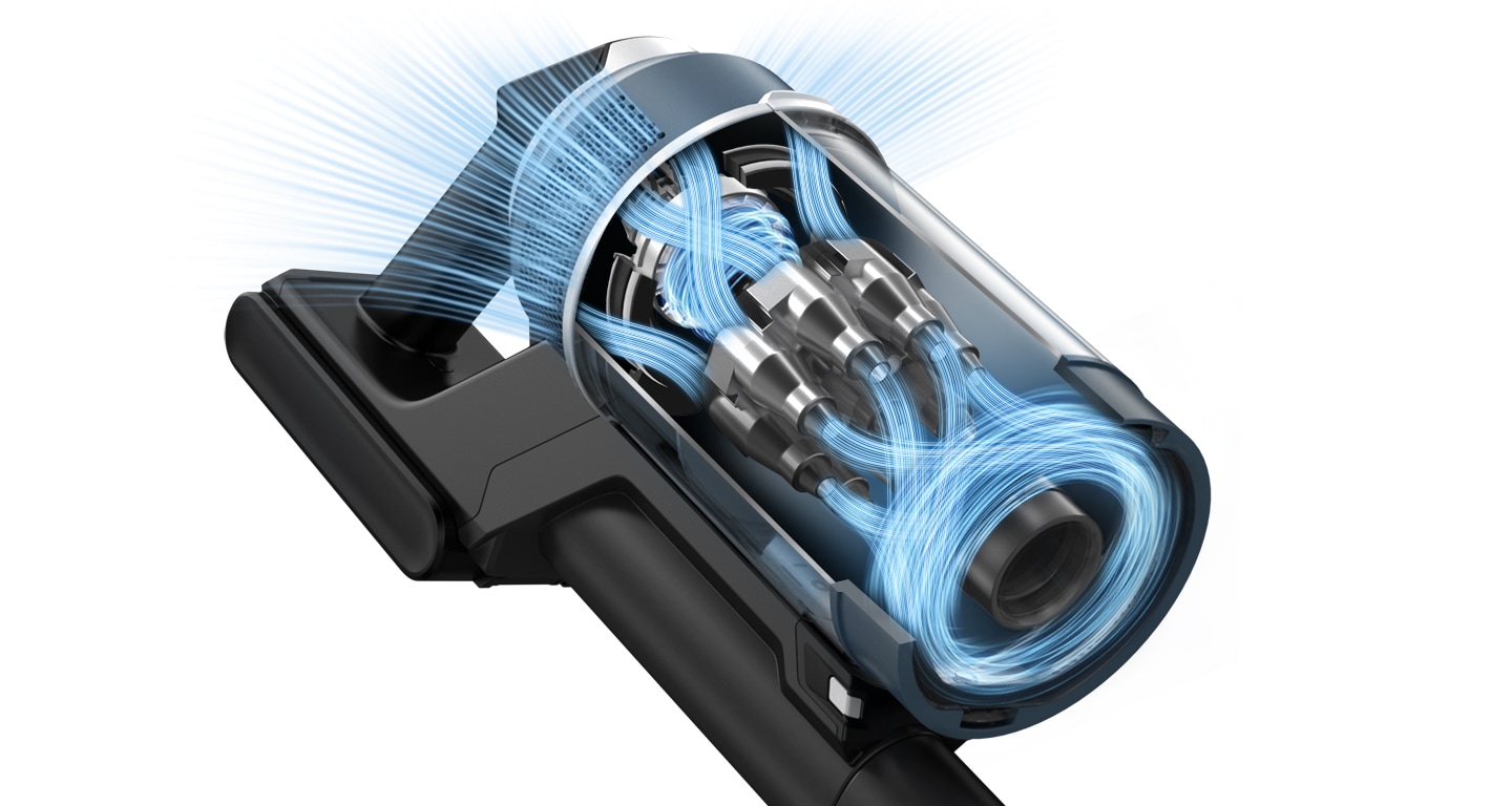A close-up internal illustration a Bespoke JET's Digital Inverter Motor has blue streaks demonstrating the powerful suction.
