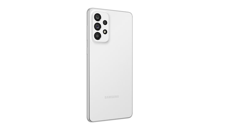 3. Galaxy A73 5G in Awesome White seen from the front with a colorful wallpaper onscreen. It spins slowly, showing the display, then the smooth rounded side of the phone with the SIM tray, then the matte finish and the minimal camera housing on the rear and comes to a stop at the front view again.