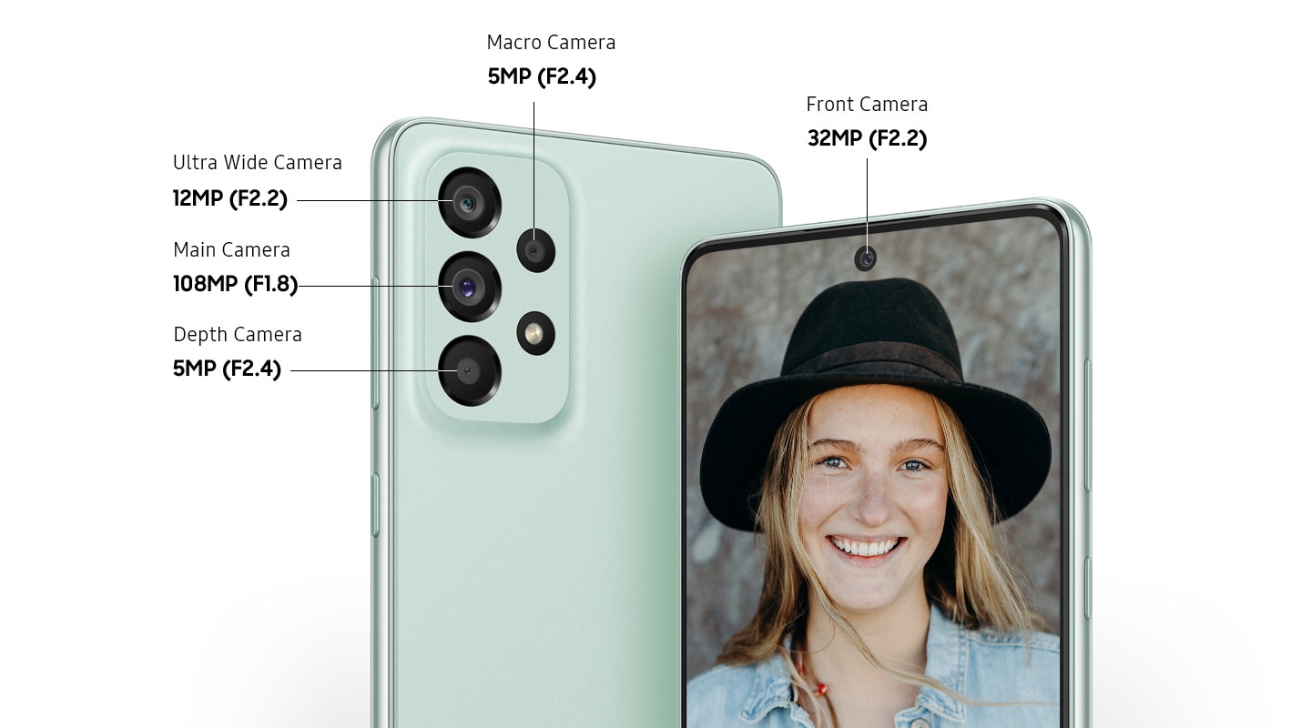 Two Galaxy A73 5G models, both in Awesome Mint, show the rear side and front side of the device. On the left, the rear side of the device shows the 5MP F2.4 Macro Camera, 12MP F2.2 Ultra Wide Camera, 108MP F1.8 Main Camera and the 5MP F2.4 Depth Camera. On the right, the front side of the device shows the 32MP F2.2 Front Camera and a picture displayed on the screen of a woman laughing.