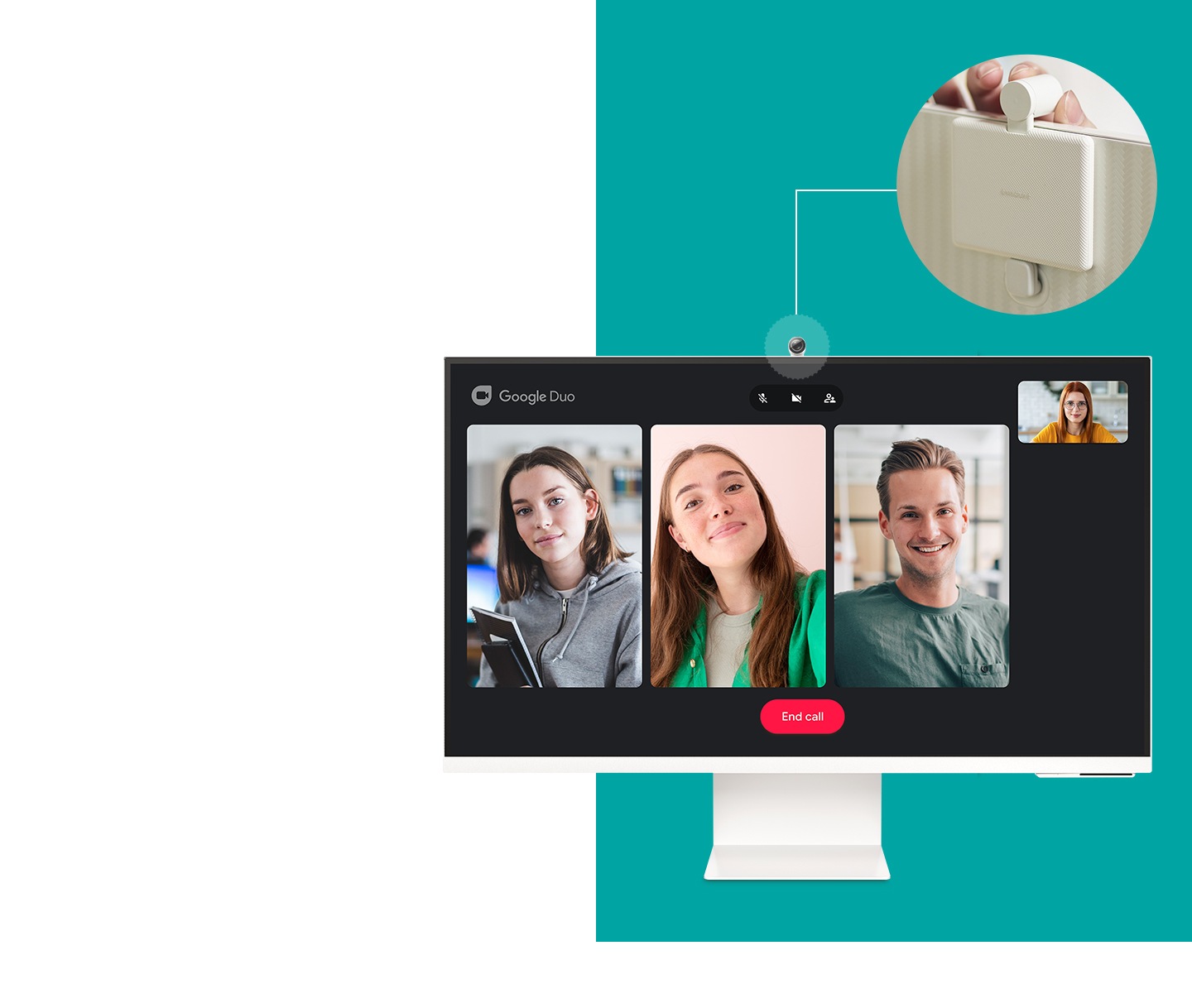 The monitor now has a circular camera attached to its top. On the screen shows the interface of the Google Duo chat application with four other users participating in a video call.