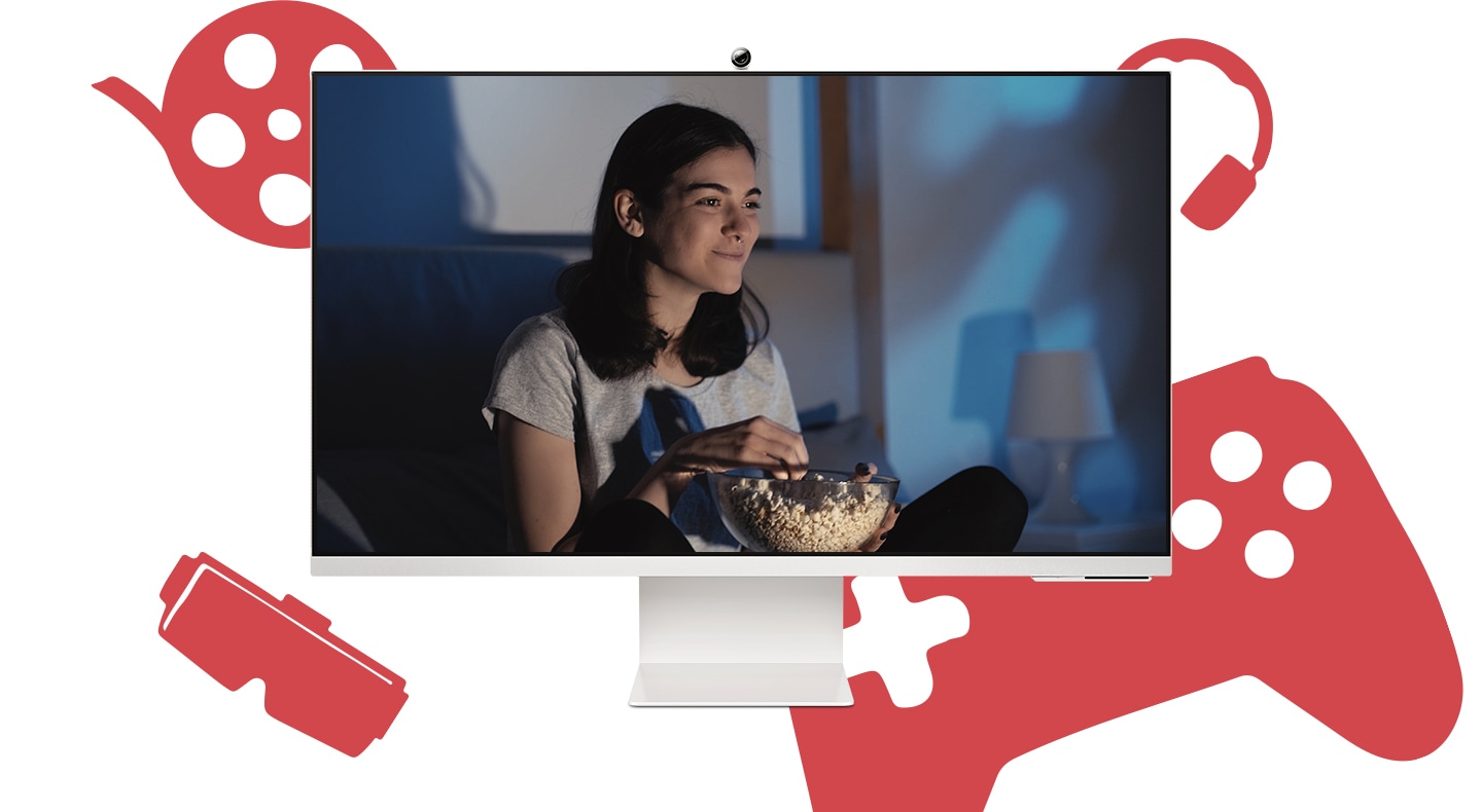 The monitor screen changes for three times. First is a video with a woman watching a video, and the next is of a woman working. The last one is a video call of a group. At the end, icons overlap over the monitor, and †Smart Monitor M8' text appears.