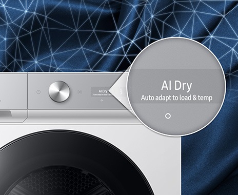 The AI dryer’s control panel displays the message “Auto adapt to load & temp”.