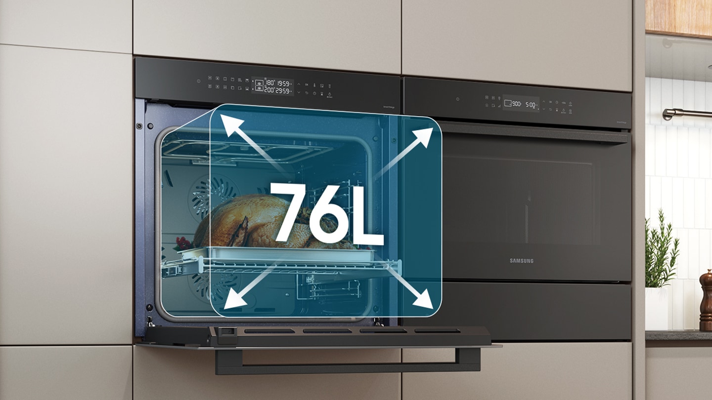 Shows a large turkey cooking inside the spacious oven with arrows illustrating its 76 liter capacity.