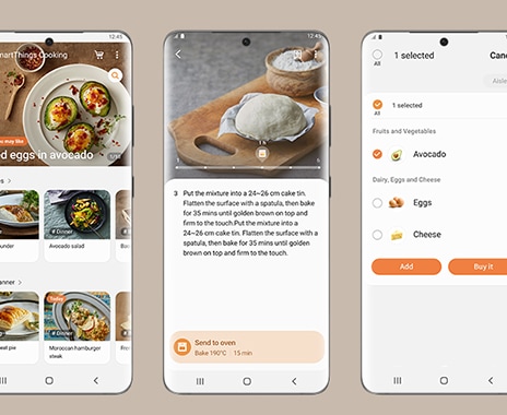 Shows 3 smartphone screens from the SmartThings Cooking app, which allows you to access personalized recipes and meal plans, view step-by-step cooking instructions, and create a shopping list for purchasing ingredients.