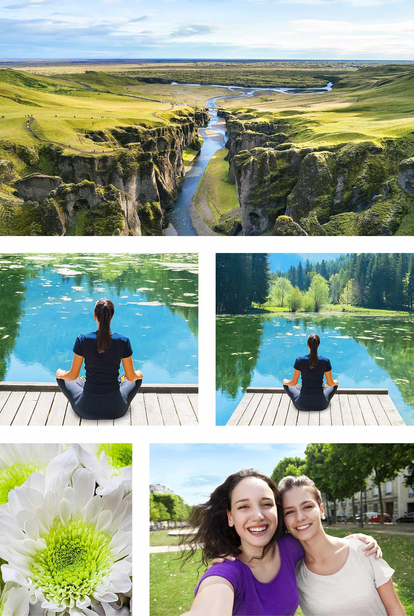 Five images are shown, each image highlighting what each camera is capable of. A beautiful landscape of a river flowing through a valley was taken by the 50MP Main camera. A portrait of a woman sitting, meditating at a dock by the waters, dressed in black and turned around, is shown twice with one image showing a wider angle to highlight the 5MP Ultra Wide camera. A detailed image of a single white flower was taken by the 2MP Macro camera. A selfie of two smiling women was taken by the 13MP Front camera.