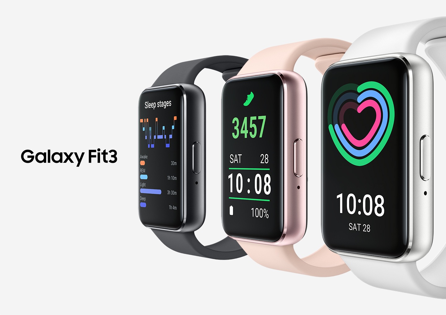 Три устройства Galaxy Fit3 выстроились в ряд боком. Galaxy Fit3 темно-серого цвета с функцией отслеживания сна на дисплее, Galaxy Fit3 розового золота с функцией отслеживания шагов и Galaxy Fit3 серебристого цвета с функцией отслеживания ежедневной активности.
