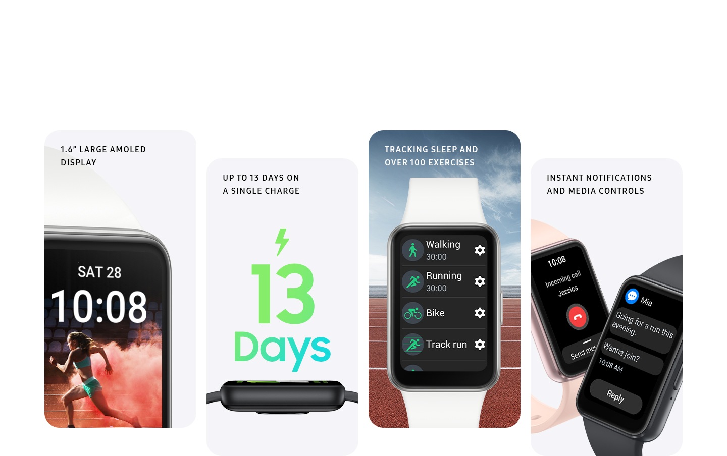 Четыре плитки, каждая из которых показывает различные функции Galaxy Fit3. На одном изображен дисплей крупным планом, на другом - боковая сторона устройства с надписью 
