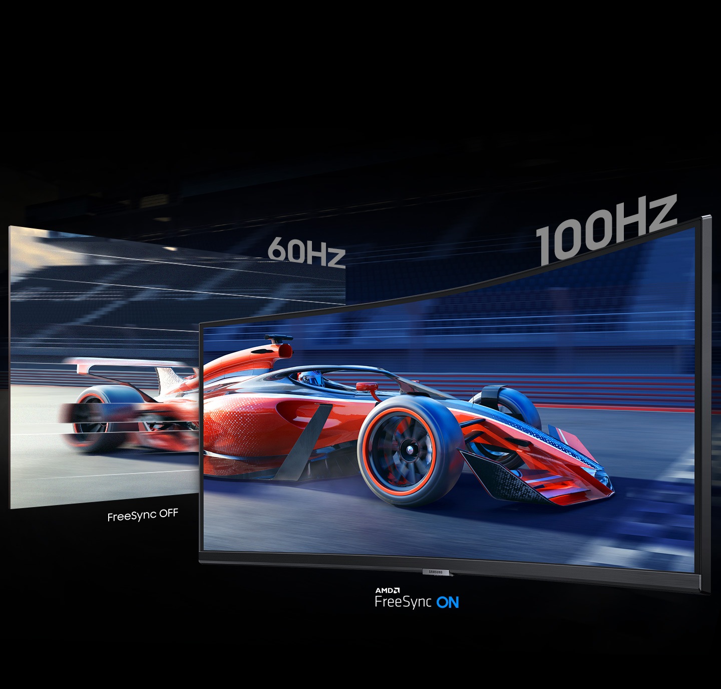 На левом экране AMD FreeSync выключен с частотой 60 Гц, а на правом экране AMD FreeSync включен с частотой 100 Гц. На левом экране возникают заикания, но на правом экране контент отображается плавно.