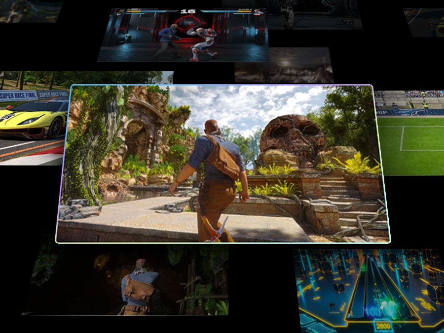 Разрозненные сцены из игр с одной главной сценой спереди и по центру. «РПГ» определяется как жанр, а затем сканируется до оптимальных настроек с помощью технологии искусственного интеллекта Samsung. Затем экран меняется, и «Гонки» определяются как жанр «Kart Rider Drift», поскольку он также сканируется с оптимальными настройками.