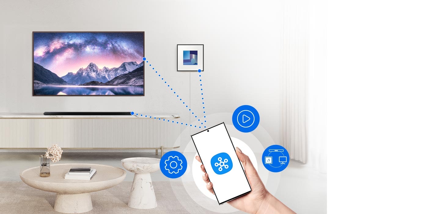 A phone has a SmartThings logo on screen. UI icons hover nearby. Dotted lines connect the phone to a TV and sound devices.