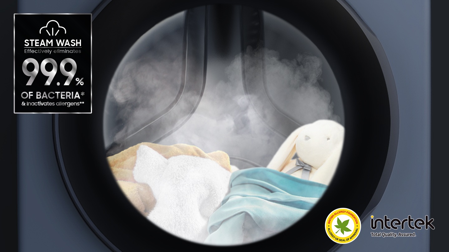 Steam wash certified by Intertek, steam is dispersed inside the washing machine door to remove allergens and bacteria up to 99.9%.
