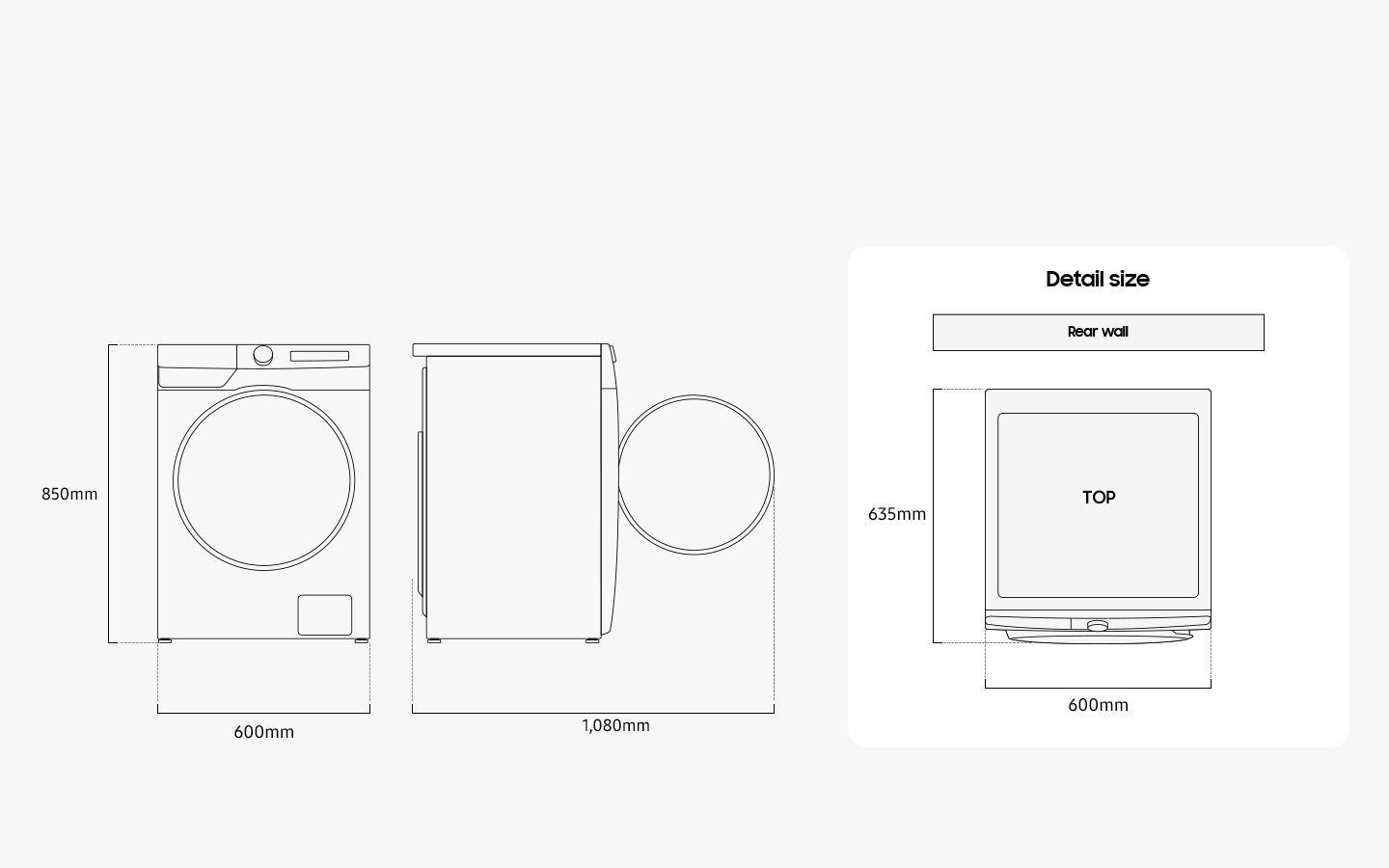 Illustration shows the WW7400T's dimensions from the front, side, and top. Detail size of WW7400T is measured 600mm in width, 850mm in height, and 635mm in depth. When the door in the front is opened, it measures 1,080mm in total width. WW7400T must be installed with some spacing from the rear wall.