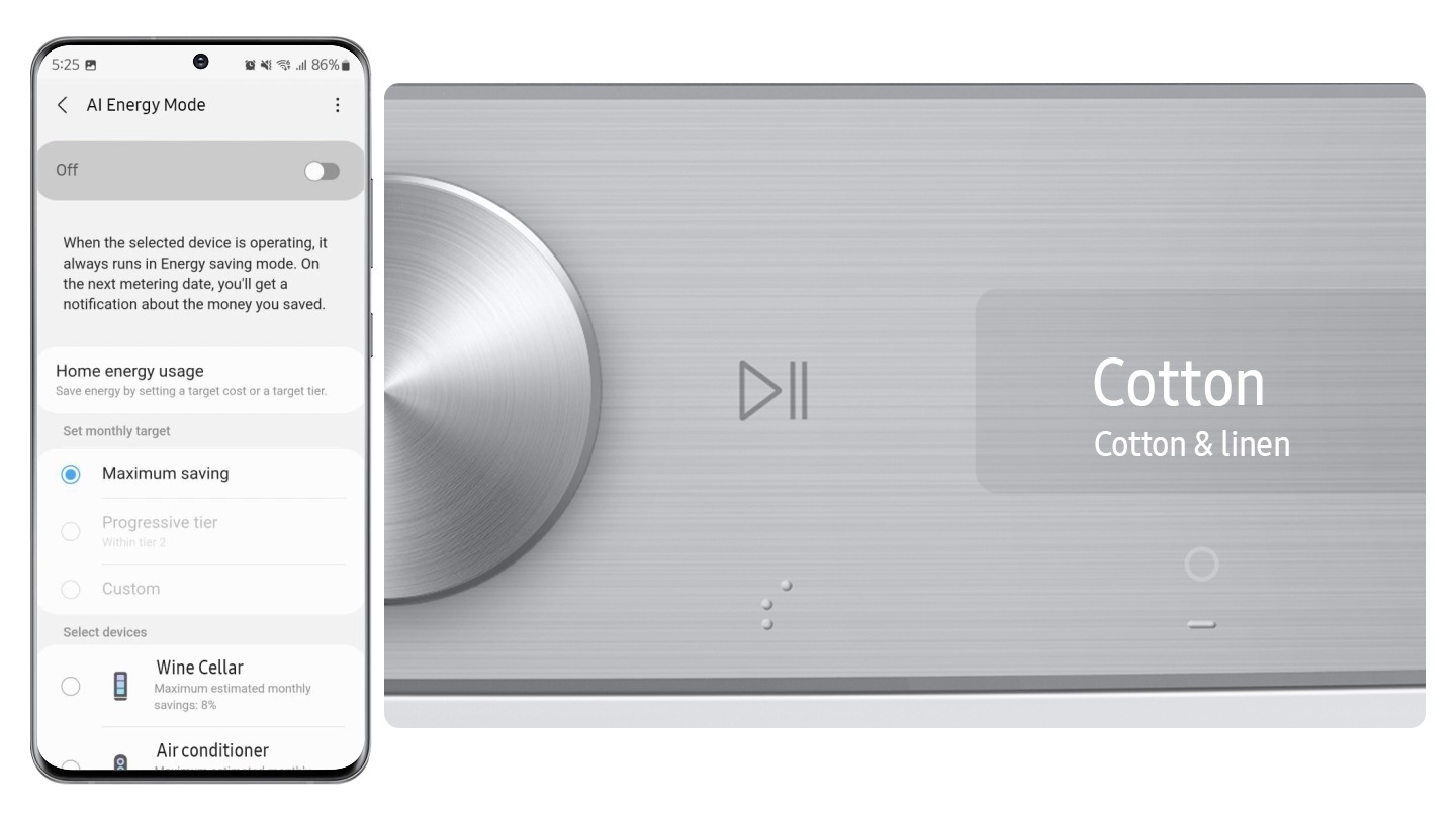 Cotton Course is selected to wash cotton & linen laundry. The AI ​​Energy Mode for Washer is activated by checking the mode button to 'On' and selecting the Washer as the device you want to run on smartphone. After the course, the cycle is complete with AI Energy Mode which saves 397 Wh (70%) of energy. A user can check the total usage when using AI energy mode in SmartThings. ※Image shown are for illustration purpose. Results may vary depending on the actual usage conditions.