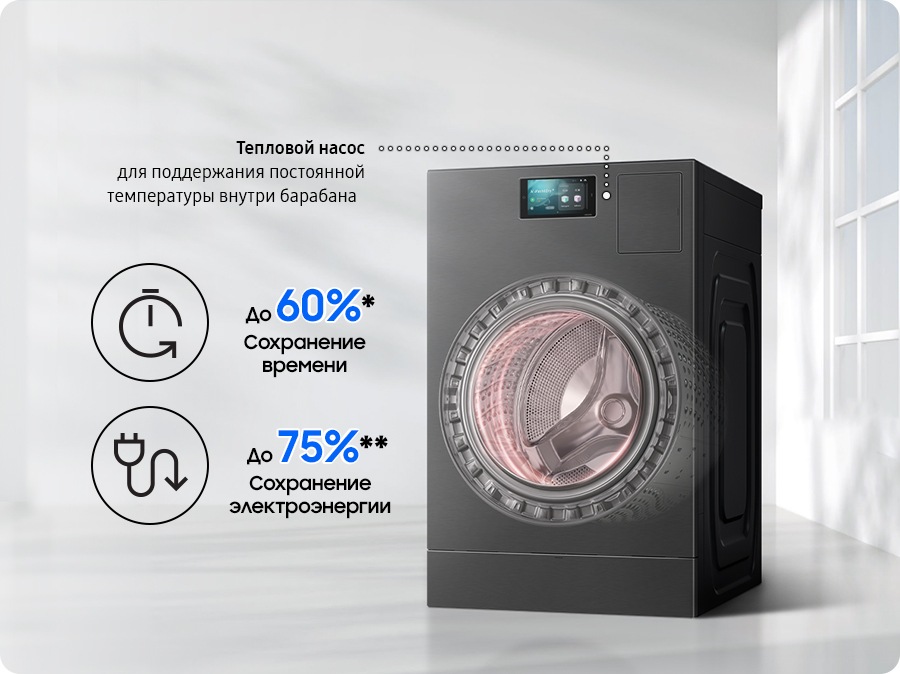 Heat pump drying Technology to maintain constant temperature inside drum. Up to 60%* time and 75%** energy saving. A person puts laundry inside a drum. Bespoke AI Laundry Combo™’s Heat pump drying technology provides powerful air circulation for enhanced drying, so it saves time up to 60%* and its energy use up to 75%** compared to conventional model.