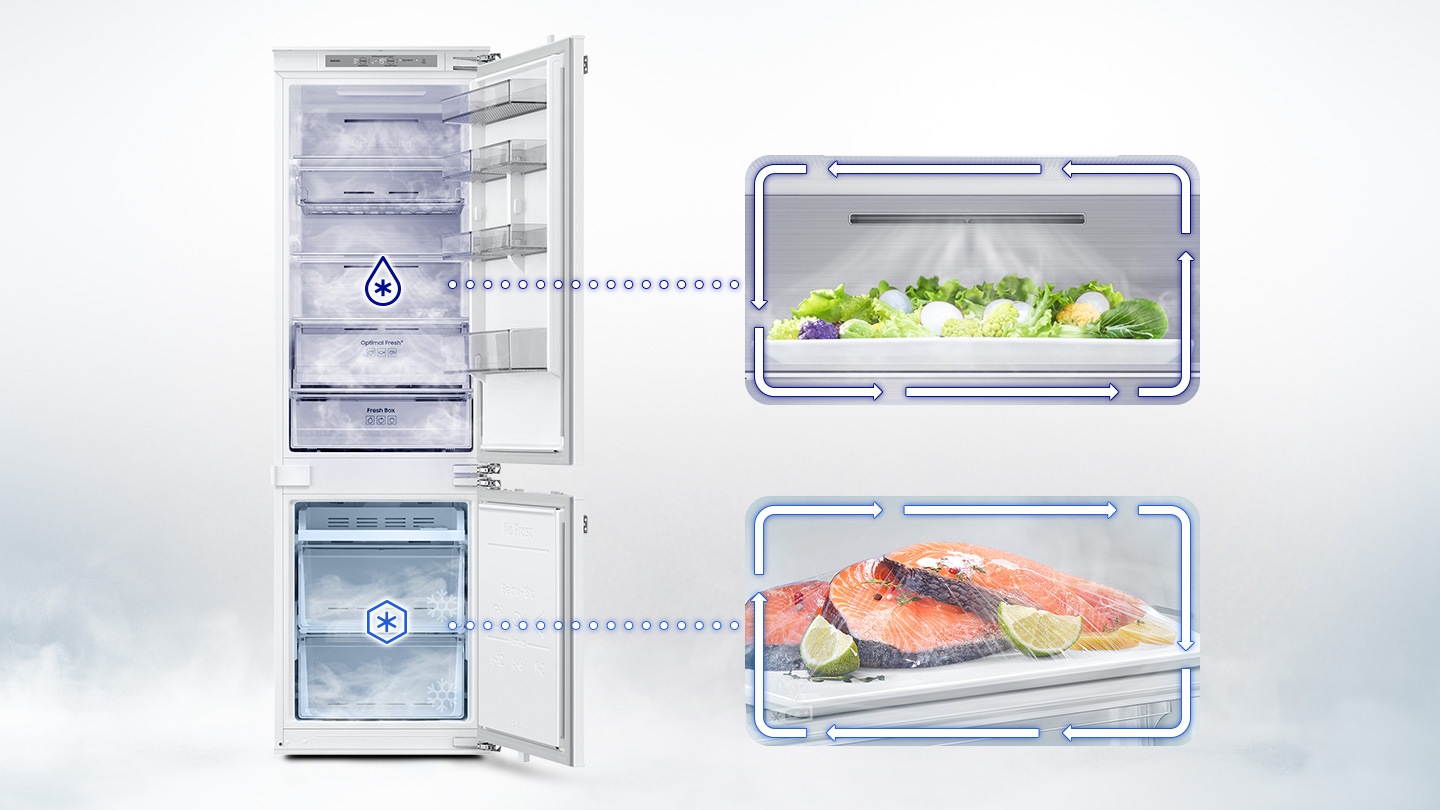Vegetables in the refrigerator and salmon in the freezer are well preserved with the Twin Cooling™ system.